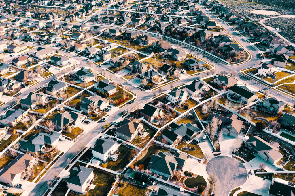 Aerial image of a suburban neighbourhood consisting of many single detached homes.