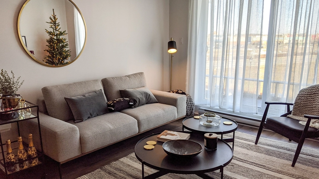 An image of a staged condo living room.