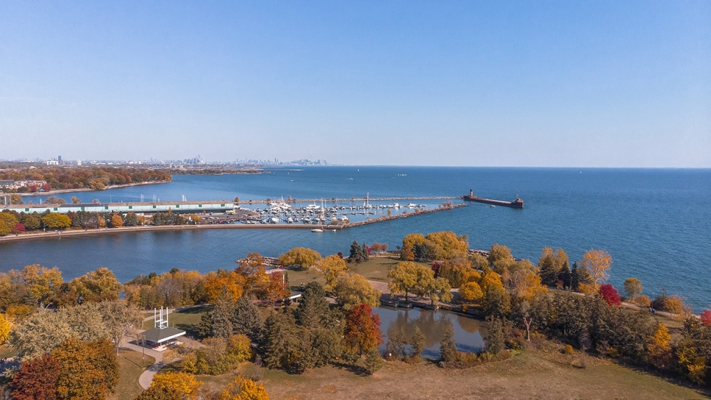 Drone image of Port Credit Marina taken in October 2022.