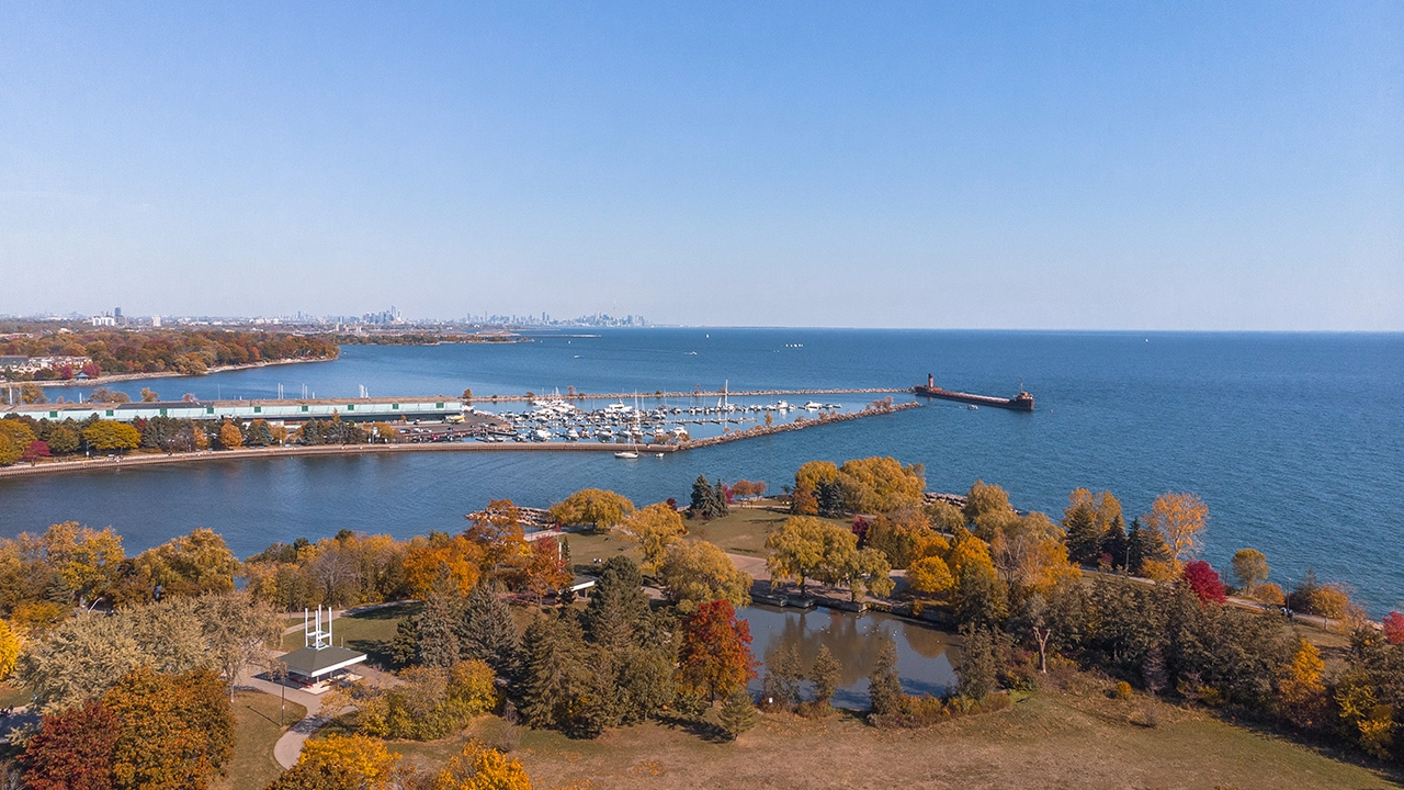 Drone image of Port Credit Marina taken in October 2022.