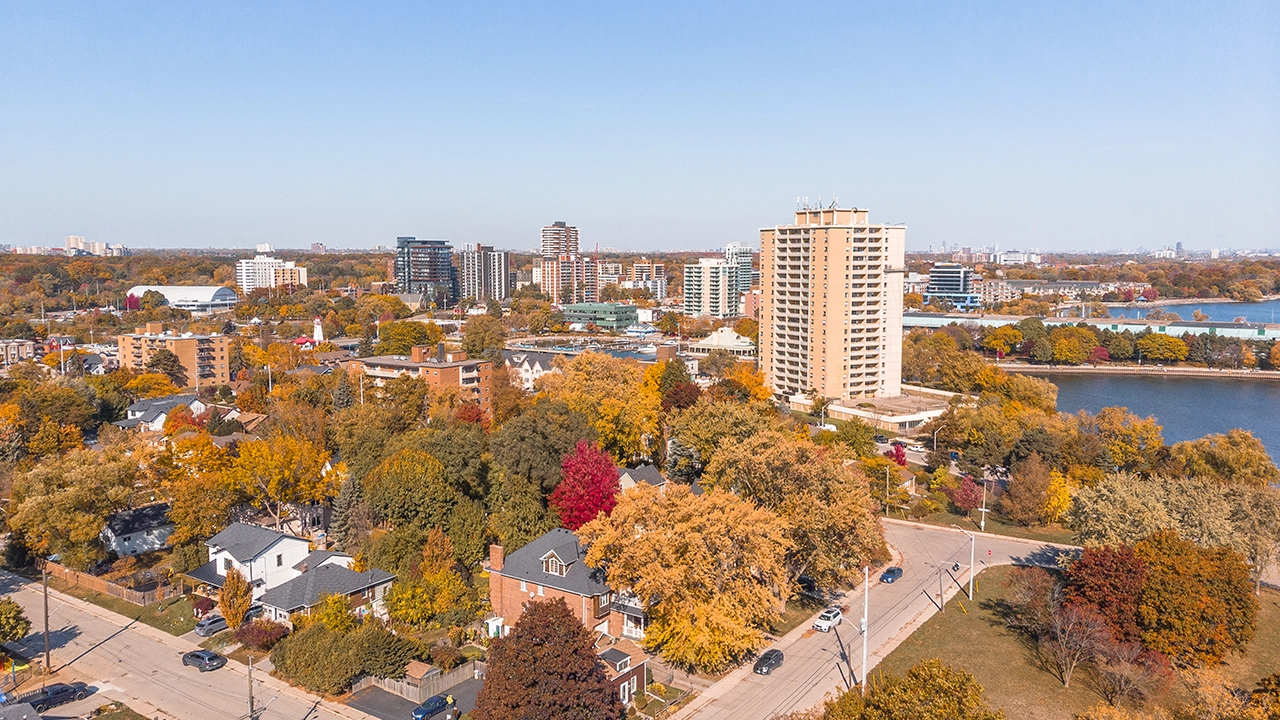 A drone image of Port Credit in October 2022.