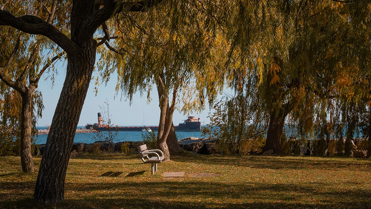 Telephoto image of the old Port Credit break water ship.