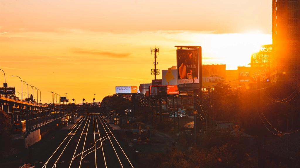 An image of Liberty Village during a sunset.