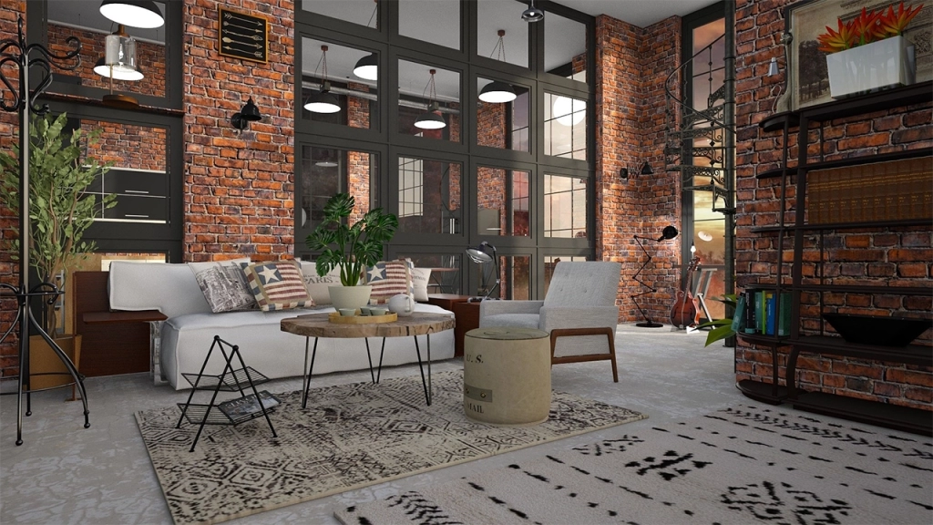 An interior image of a hard loft with exposed brick, high ceilings and large windows.