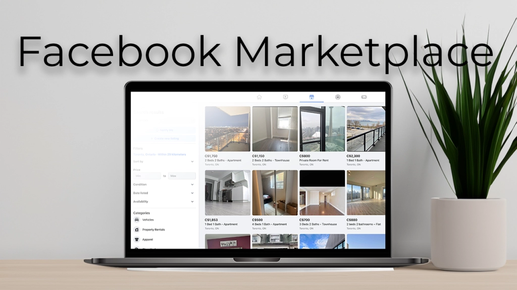 A website mockup of Facebook Marketplace - a website to list rental listings for lease.