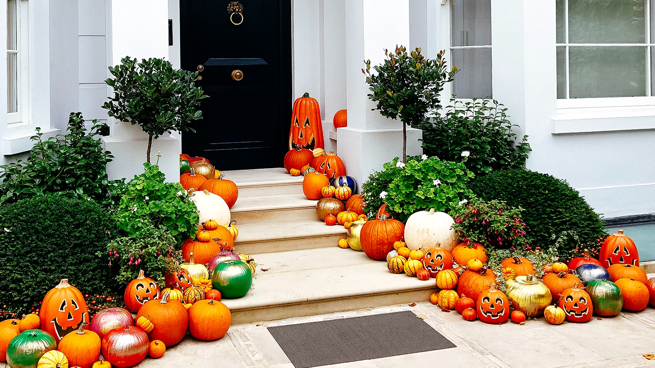 Exterior image of a home in October decorated with Halloween decorations.