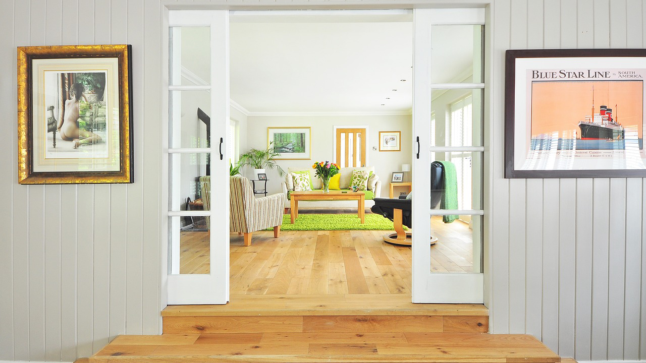 An interior image of a living room with sliding doors