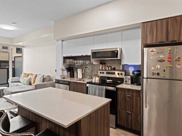 Kitchen of 1117 Cooke Boulevard unit A107 located in the LaSalle neighbourhood of Burlington, Ontario, Canada. The unit is available for lease by Burlington rental agent, Marco Pedri.