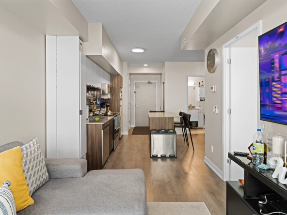 Kitchen from the view of the living room of 1117 Cooke Boulevard unit A107 located in the LaSalle neighbourhood of Burlington, Ontario, Canada. The unit is available for lease by Burlington rental agent, Marco Pedri.