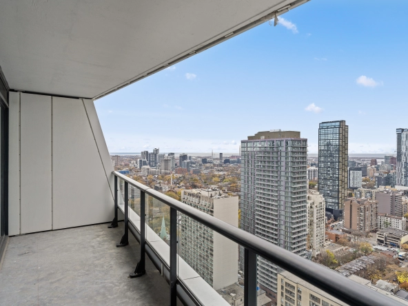 Balcony of 85 Wood Street unit 3717 - a 2 bedroom, 1 bathroom unit for lease in Toronto listed by Toronto Rental Agent Marco Pedri.