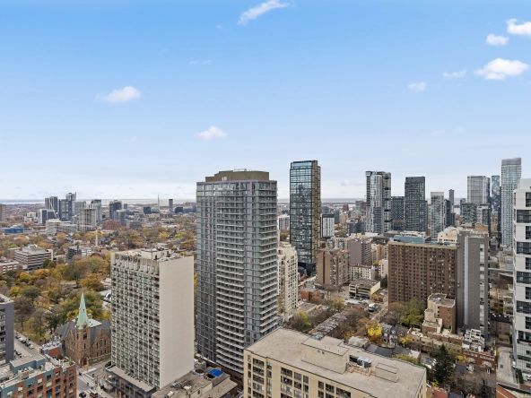 South balcony view of 85 Wood Street unit 3717 - a 2 bedroom, 1 bathroom unit for lease in Toronto listed by Toronto Rental Agent Marco Pedri.