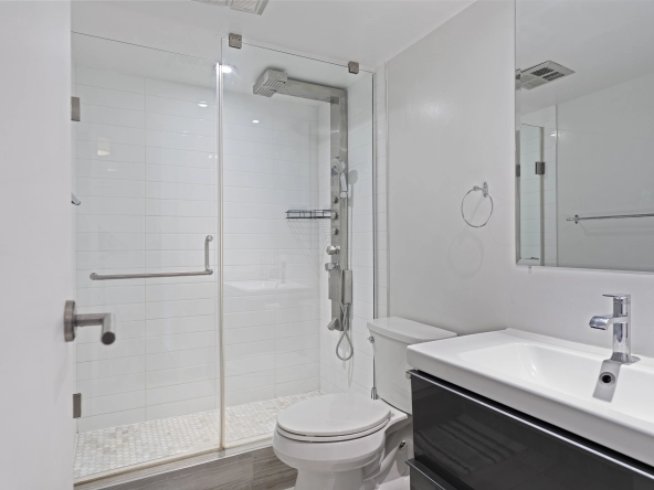 Main bathroom of 77 Maitland Place unit 525 located in Toronto, Ontario, Canada - a condo currently for lease by Toronto rental agent Marco Pedri.